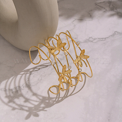 Женские браслеты-манжеты из полой нержавеющей стали 304 с прозрачными кубическими циркониями.&nbsp;WV1291-1