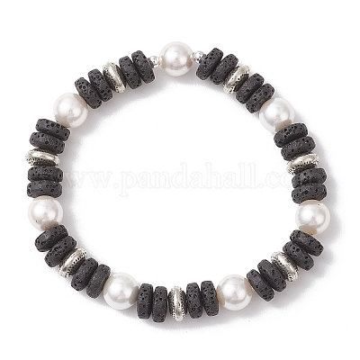 Плоские круглые эластичные браслеты из натурального камня лавы и ракушек с жемчугом для женщин BJEW-JB12140-01-1