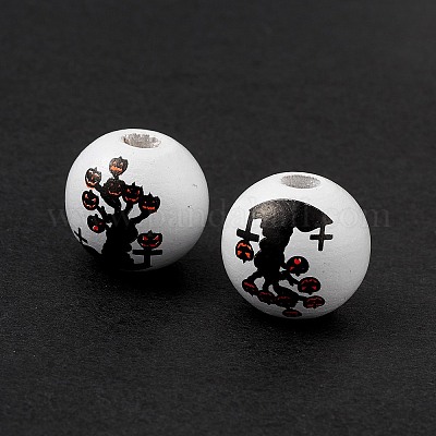 Европейские бусины из натурального дерева с принтом на Хэллоуин WOOD-C014-01C-1