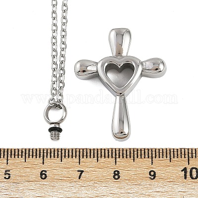 304 нержавеющая сталь кулон в форме сердца крест урна для праха домашних животных ожерелья NJEW-S455-05P-1