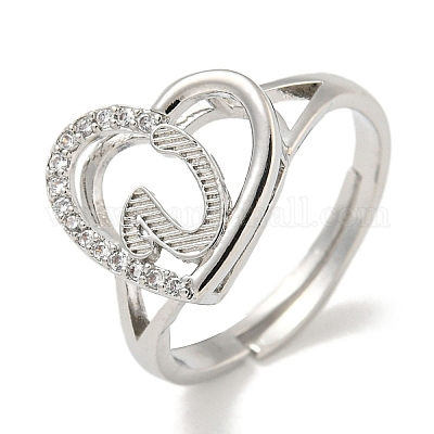 Сердце с буквой стойка покрытие латунь микро паве кубический цирконий регулируемые кольца для женщин RJEW-I105-06P-U-1