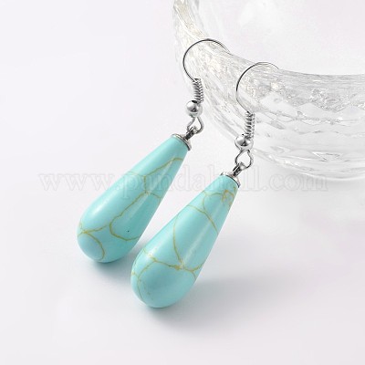 Серьги-подвески из латуни платинового тона в форме капли с натуральными и синтетическими камнями EJEW-M058-M-1