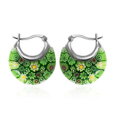 Плоские круглые серьги-кольца из нержавеющей стали 304 со стеклом миллефиори FS-WG56358-03-1