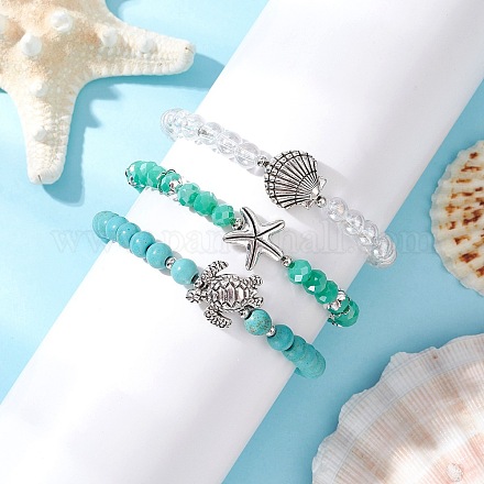 3шт 3 стиля круглые стеклянные и синтетические бирюзовые бусины наборы эластичных браслетов для женщин BJEW-JB11654-1