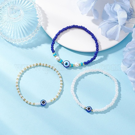 3 шт. двухцветные эластичные браслеты из стеклянных бусин для женщин BJEW-JB12206-1