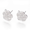 Brass Stud Earring Findings, with Cubic Zirconia and Loop, Flower, Clear, Platinum, 11x9.5mm, Hole: 1mm, Pin: 0.8mm