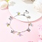 201 Stainless Steel Butterfly & Spray Painted Glass Flower Charm Brass Bar Link Chain Anklets, Platinum & Stainless Steel Color, Purple, 9-3/8 inch(239mm)