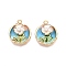 Rack Plating Alloy Enamel Pendants, with ABS Imitation Pearl, Cadmium Free & Nickel Free & Lead Free, Light Gold, Flat Round with Flower Charm, Light Sky Blue, 23.5x19.5x6.5mm, Hole: 2mm
