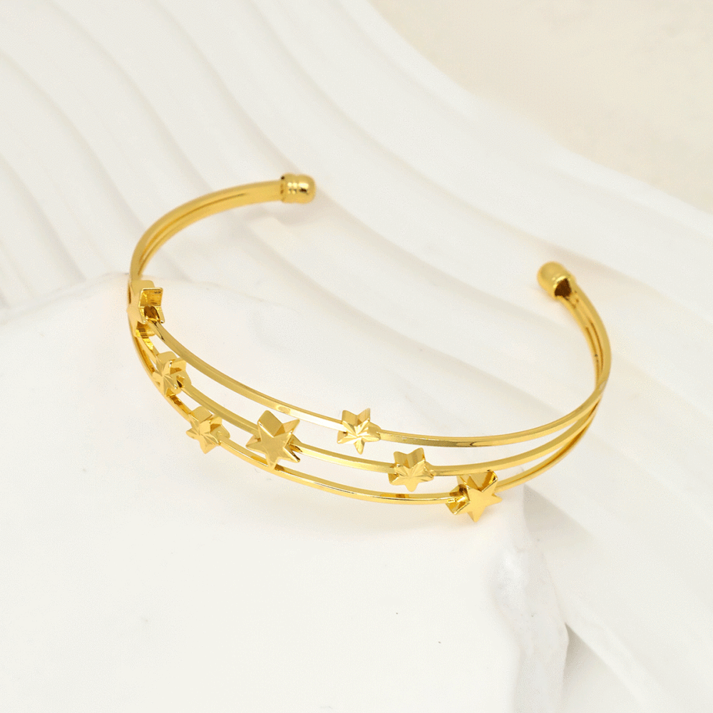 Adjustable Brass Cuff Bangles, Torque Bangles for Women, Real 18K Gold Plated, Star, Inner Diameter: 2-1/8 inch(5.5cm)~3-1/8 inch(8cm)