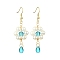Shell Pearl with Glass Dangle Earring, Flower & Teardrop, for Women, Dark Turquoise, 60x20mm