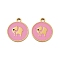 Ion Plating(IP) 316 Stainless Steel Enamel Pendants, Flat Round with Elephant Pattern Charm, Real 18K Gold Plated, Pearl Pink, 18x15x1.5mm, Hole: 2mm