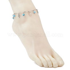 Браслеты на ногу ручной работы с подвесками в виде сглаза и цепочкой из нержавеющей стали 304 с перекрещивающимися звеньями и кисточками для женщин&nbsp;AJEW-AN00741-03