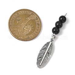 Большие подвески из сплава перьев с круглыми бусинами из синтетического черного камня&nbsp;PALLOY-JF04696