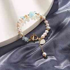 Браслет с бусинами из натурального аквамарина BJEW-TA00032-04