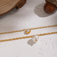 Двухслойные ожерелья для женщин из нержавеющей стали 304 с прозрачными кубическими цирконами и имитацией жемчуга&nbsp;AM8128