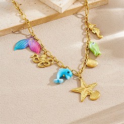 Женские ожерелья с подвесками в виде морских звезд и морских коньков из нержавеющей стали 304 и пластика&nbsp;NJEW-G180-04G