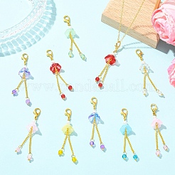 14 шт. 7 стиля подвесных украшений в виде стеклянного цветка с латунными витыми цепями&nbsp;HJEW-YW00341