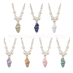 Летний пляж ручная работа фарфоровая подвеска в форме ракушки латунь и АБС пластик имитация жемчужных звеньев цепи ожерелья NJEW-JN05272