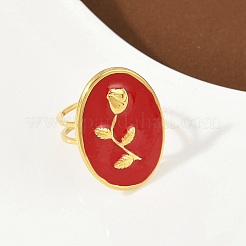 Кольца для женщин из нержавеющей стали 304 с эмалевым покрытием в форме овала с розовым узором RJEW-G355-10G-02