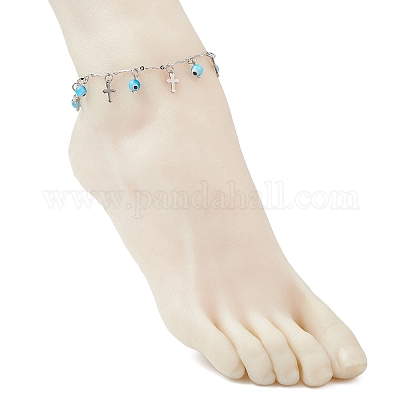 Браслеты на ногу ручной работы с подвесками в виде сглаза и цепочкой из нержавеющей стали 304 с перекрещивающимися звеньями и кисточками для женщин AJEW-AN00741-03-1