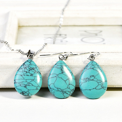 Комплекты из ожерелий и серег-подвесок из синтетической бирюзы в форме капли FS-WGAC060-06-1