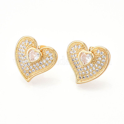 Серьги-гвоздики из латуни в форме сердца с прозрачным фианитом и паве EJEW-M258-32G-1