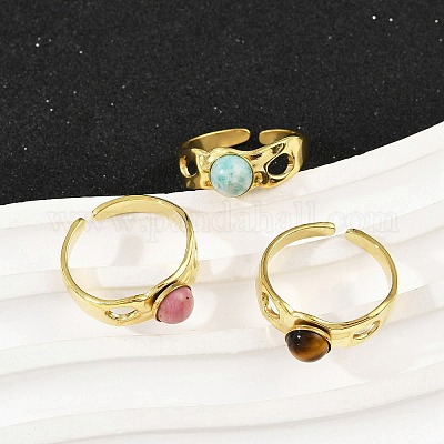 Кольца-манжеты из нержавеющей стали 316 с натуральными смешанными драгоценными камнями RJEW-Z098-01G-05-1