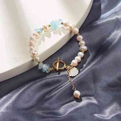 Браслет с бусинами из натурального аквамарина BJEW-TA00032-04-1