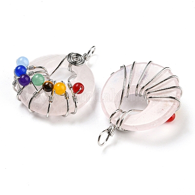 Плоские круглые подвески из натурального розового кварца с чакрой G-Z033-06P-01-1