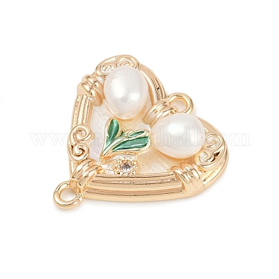 Подвески-сердечки из латунной эмали и натурального жемчуга с цветочным соединителем KK-K351-52G-01-1