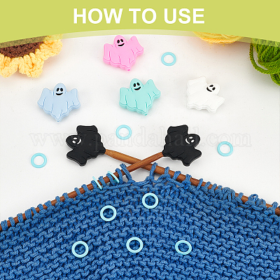 12 шт. 6-х цветные пищевые силиконовые бусины с изображением призрака на Хэллоуин с 50 пластиковыми кольцами-маркерами для вязания SIL-BC0001-10-1