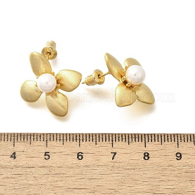 Серьги-гвоздики из искусственного жемчуга в форме цветка из латуни и пластика EJEW-A121-03G-1