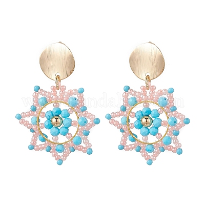 Серьги-гвоздики с цветком из стеклянных бусин ручной работы EJEW-MZ00570-02-1