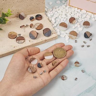 24 шт. 12 стильных плоских круглых серег-гвоздиков из смолы и орехового дерева со штифтом из нержавеющей стали 304 для женщин EJEW-TA0001-20-1