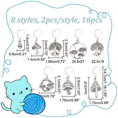 16 шт. 8 стильных подвесных маркера для стежков из сплава в тибетском стиле в виде грибов HJEW-NB00018-1