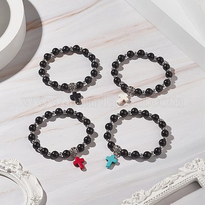 Браслеты с крестиком из окрашенной синтетической бирюзы BJEW-JB09296-1