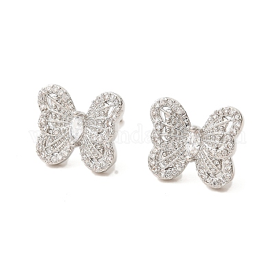 Серьги-гвоздики из латуни с микропаве и цирконием в форме бабочки EJEW-L270-12P-1
