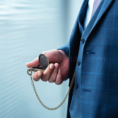 Винтажные плоские круглые карманные часы из сплава с полыми корпусами и латунной цепочкой&nbsp;AJEW-PH0007-68AB-1