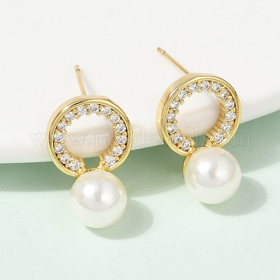 Плоские круглые серьги-гвоздики из латуни с микропаве и прозрачным фианитом EJEW-H154-02G-1