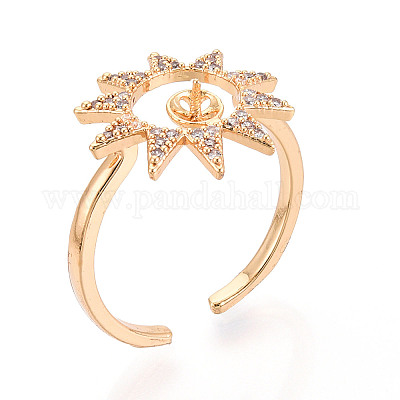 Закрепка колец-штифтов в форме солнца из латуни с микропаве из прозрачного кубического циркония KK-T076-16G-1