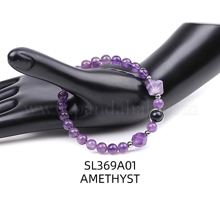 Эластичный браслет из пирамидки из натурального аметиста и синтетического синего золотого камня из бисера PW-WG46847-01-1