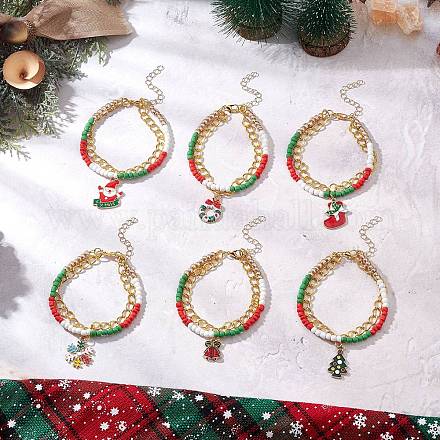 6шт 6 стиля рождественский сплав эмалированный многорядный браслет для женщин BJEW-JB12078-1