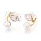Brass Natural Pearl Stud Earrings, with Cubic Zirconia & 925 Sterling Silver Pins, Leaf, Real 18K Gold Plated, 14.5~15.5x12mm