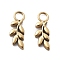 304 Stainless Steel Charms, Leaf Charms, Ion Plating(IP), Real 14K Gold Plated, 10.5x3.5x1mm, Hole: 1.8mm