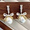 Bowknot with Round Alloy Micro Pave Clear Cubic Zirconia Dangle Stud Earrings, with Plastic Pearl, Golden, 34x18mm