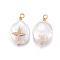 Natural Cultured Freshwater Pearl Pendants, with Brass Cubic Zirconia Findings, Nuggets with Cross, Golden, Clear, 17~26x11~16x5~11mm, Hole: 1.6~2mm