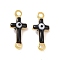 Brass Enamel Connector Charms, Real 18K Gold Plated, Religion Cross with Evil Eye Pattern, Black, 5.5x13x3mm, Hole: 1.2mm