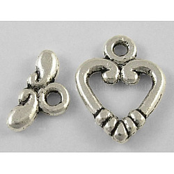 Tibetan Style Toggle Clasps, Lead Free, Cadmium Free and Nickel Free, Antique Silver, Heart: about 11mm wide, 14mm long, Bar: 6mm wide, 11.5mm long, Hole: 1mm