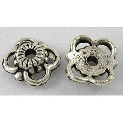 Tibetan Style Alloy Bead Caps, Lead Free and Cadmium Free, Flower, Antique Silver, 10x3mm, Hole: 1mm