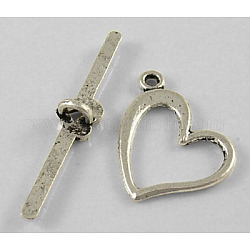 Tibetan Silver Toggle Clasps, Heart, Lead Free and Nickel Free and Cadmium Free, Antique Silver, Heart: 18x14mm, Bar: 28mm, Hole: 1.5mm